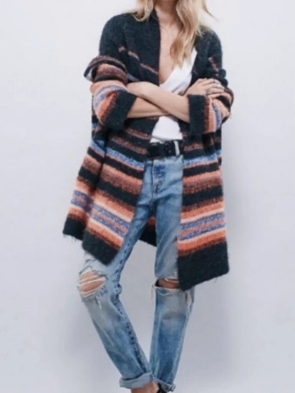 Free People vintage Charcoal Striped Open-Front Cardigan with Rust & Blue